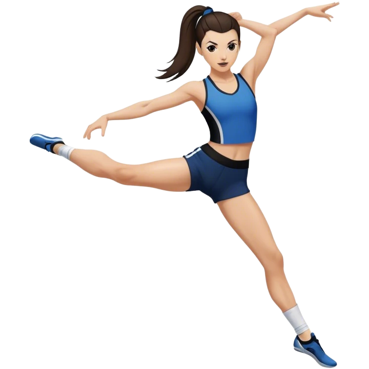 Melanie chisholm with a dark brown high ponytail wearing athletic attire doing a high kick emoji