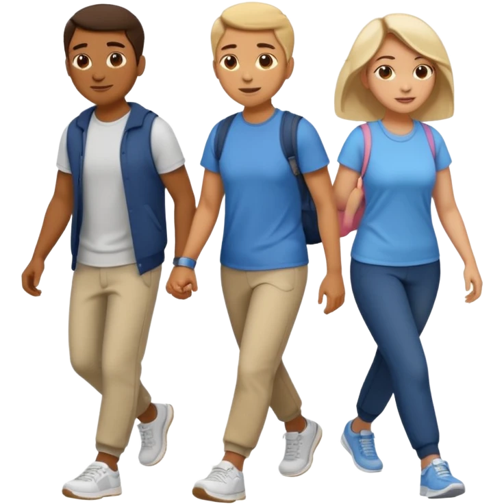 iOS emoji style - a men and 2 women in casual clothes and wearing trainers - friends walking quickly together

 emoji