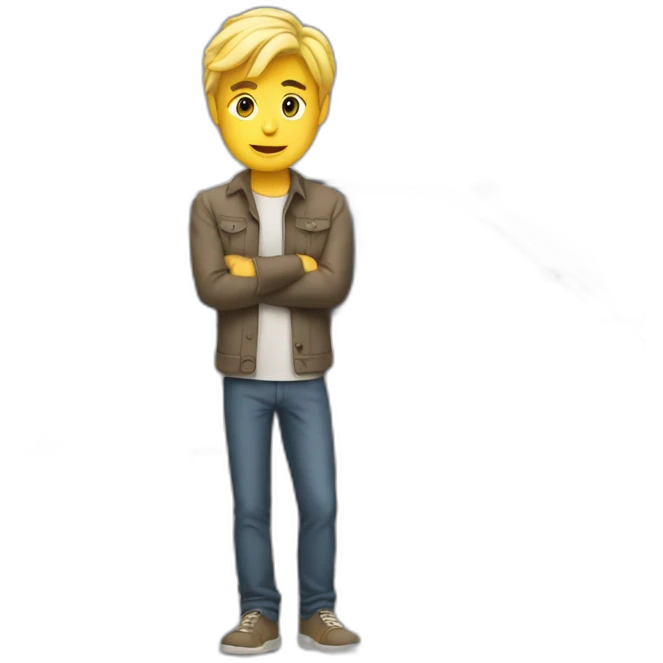 A blond guy stands next to a broken car emoji