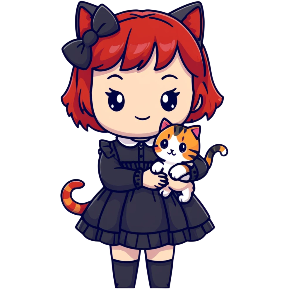 Girl with black and red-tipped hair in black Lolita dress with tabby cat emoji