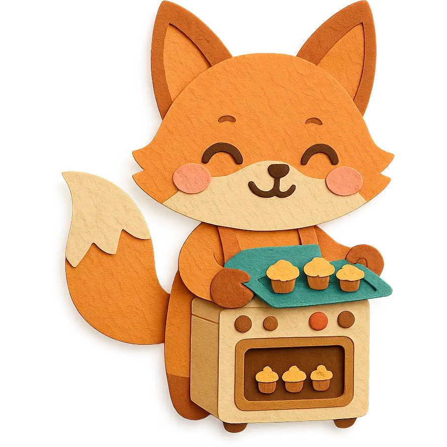chibi electric oven-fox hybrid, baking mini cupcakes, happy face, soft warm colors, full-body emoji
