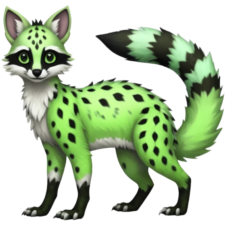 Feral Rare Fantasy   neon-green fur with obsidian-onyx-black points and snowy-white belly  Vernid-Sergal-Genet-Trico-species by LiLaiRa, random markings, tufted tail, tufted ears, full body emoji