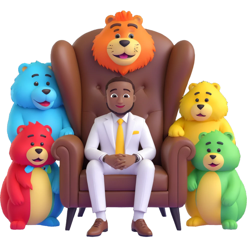 cartoon emoji of Davido sitting in a brown leather chair, wearing a white suit, with a desert background and four colorful furry characters (green, red, blue, yellow) behind him, inspired by the 'WITH YOU' album cover, confident and expressive emoji