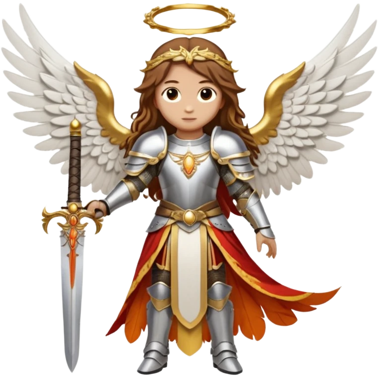  The angel has long brown hair surrounded by a golden halo and large white-and-orange feathered wings, wearing ornate silver armor with gold accents and a red sash. In its right hand it grips a white sword upright, while its left hand rests near the hilt of another weapon at its sid  emoji