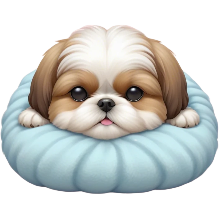 Meme-Worthy Cute Sleeping Shih Tzu Portrait Emoji, Head resting peacefully with a tender, contented smile and eyes delicately closed in serene slumber, showcasing a luxuriously fluffy fur in soft pastel tones, simplified yet irresistibly adorable, highly detailed, glowing with a warm, drowsy radiance, high shine, exuding calm, cozy charm, styled with a gentle, soft glowing outline, capturing the essence of a sleeping Shih Tzu that radiates utterly adorable, sleepy bliss! emoji