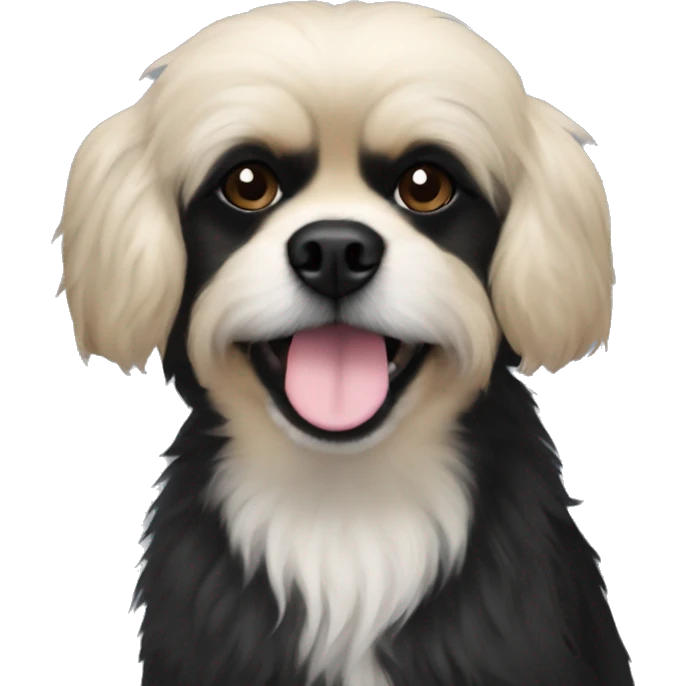 Pekingese poodle mix. All black dog with white chest only. Underbite with teeth showing  emoji