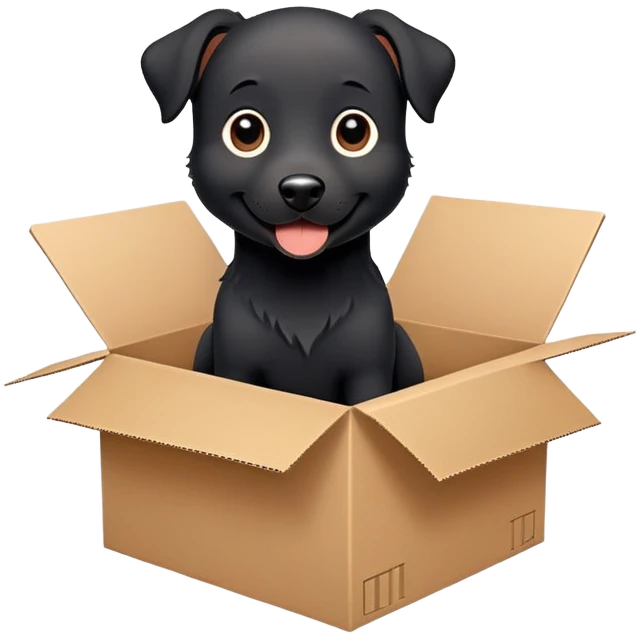  A very cute  young happy black dog with one's head tilted to one side poked its paws out of the cardboard big box and placed them on top of it emoji