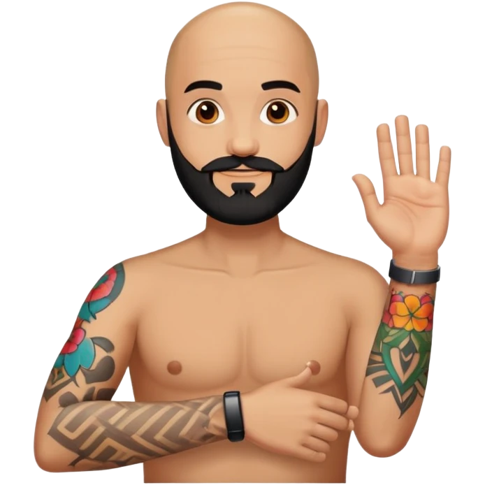  Bald man with black beard saying hi with only one colorful tattoo on forearm  emoji