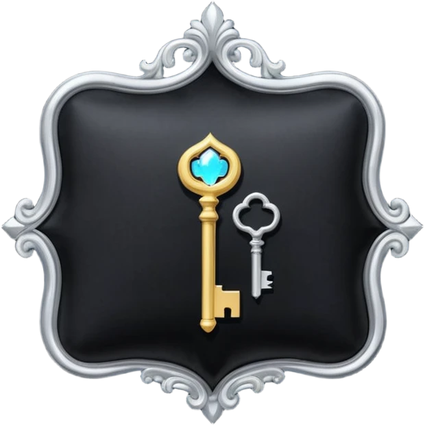 A Discord emoji of a black velvet cushion holding a glowing silver key. Ornate, royal gothic style, simple and clean for small scale, white background. emoji