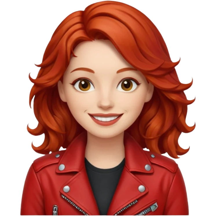 stylish woman with wavy red hair in a red moto jacket emoji