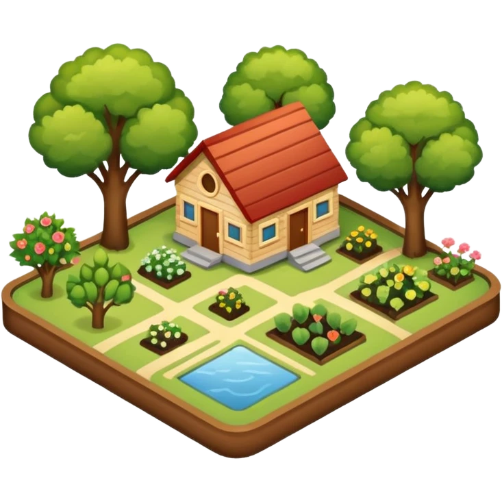 An icon featuring a local map, symbolizing local gardening. The design includes a different trees, and 1 tiny wooden house, shrubs, beds. Transparent background emoji