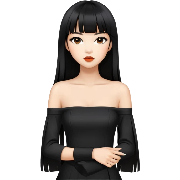 fashionable woman with Asian skin tone, long straight black hair with straight bangs, black off-shoulder outfit, and stylish makeup emoji