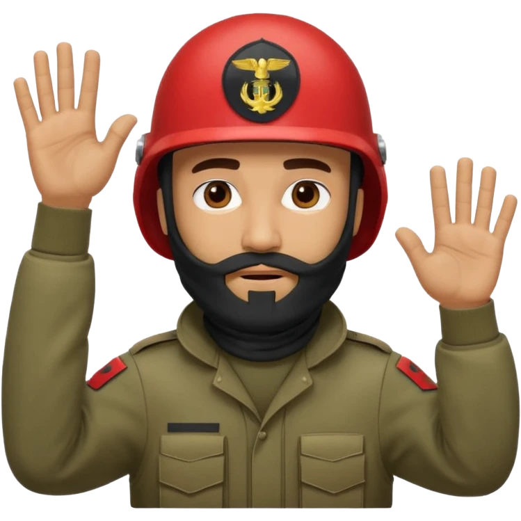 surrenders, depicts an Iraqi soldier from 1980, with a beard, in a helmet, with a balaclava, with a sad face and raised hands emoji