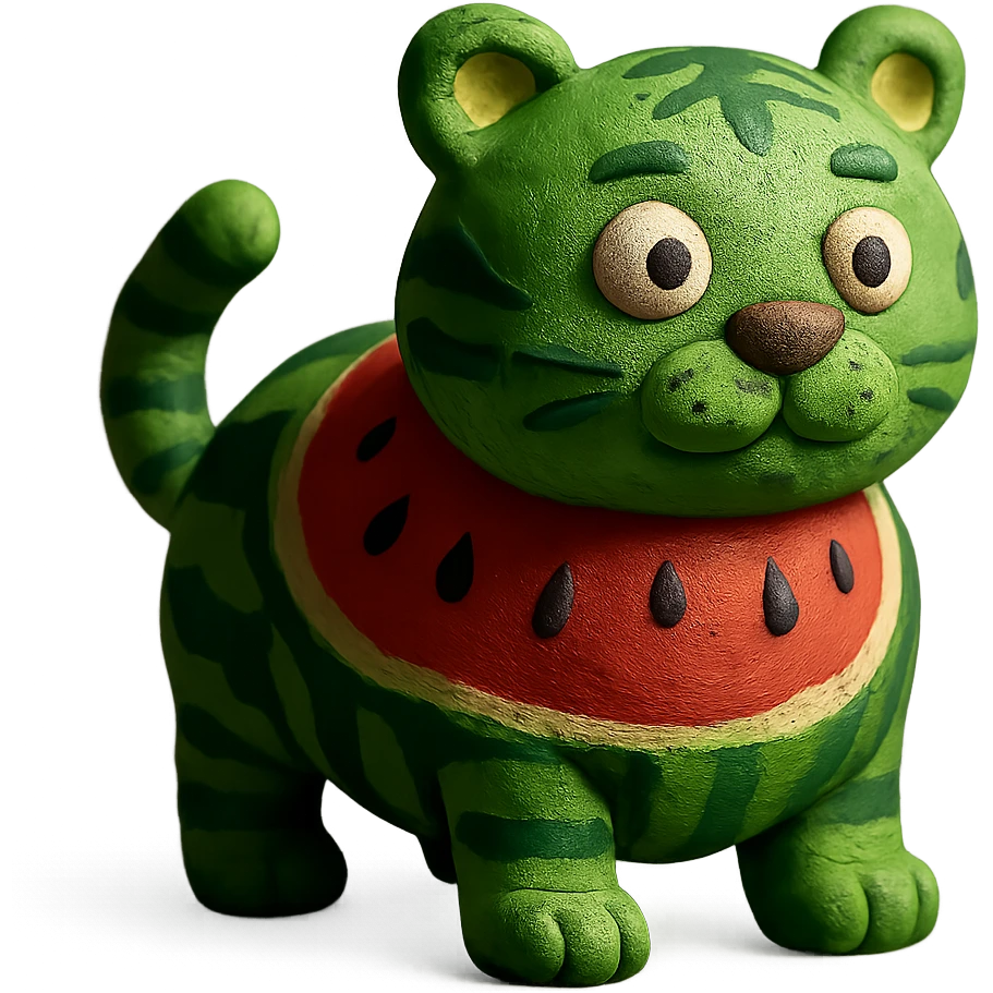claymation style green tiger with watermelon body emoji