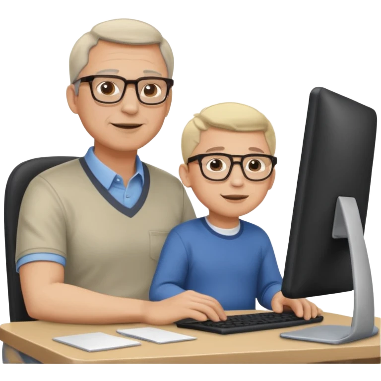 Middle aged man with glasses working at his desk, with his child sitting behind him on the headrest of his chair looking at his computer emoji
