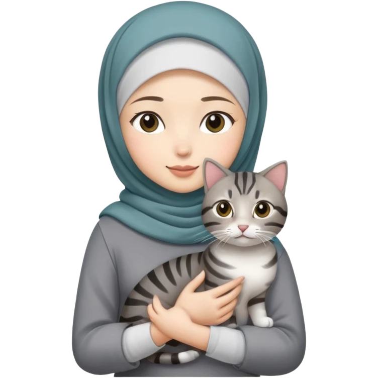 Asian White girl wearing hijab holding a black grey tabby cat while standing .  emoji