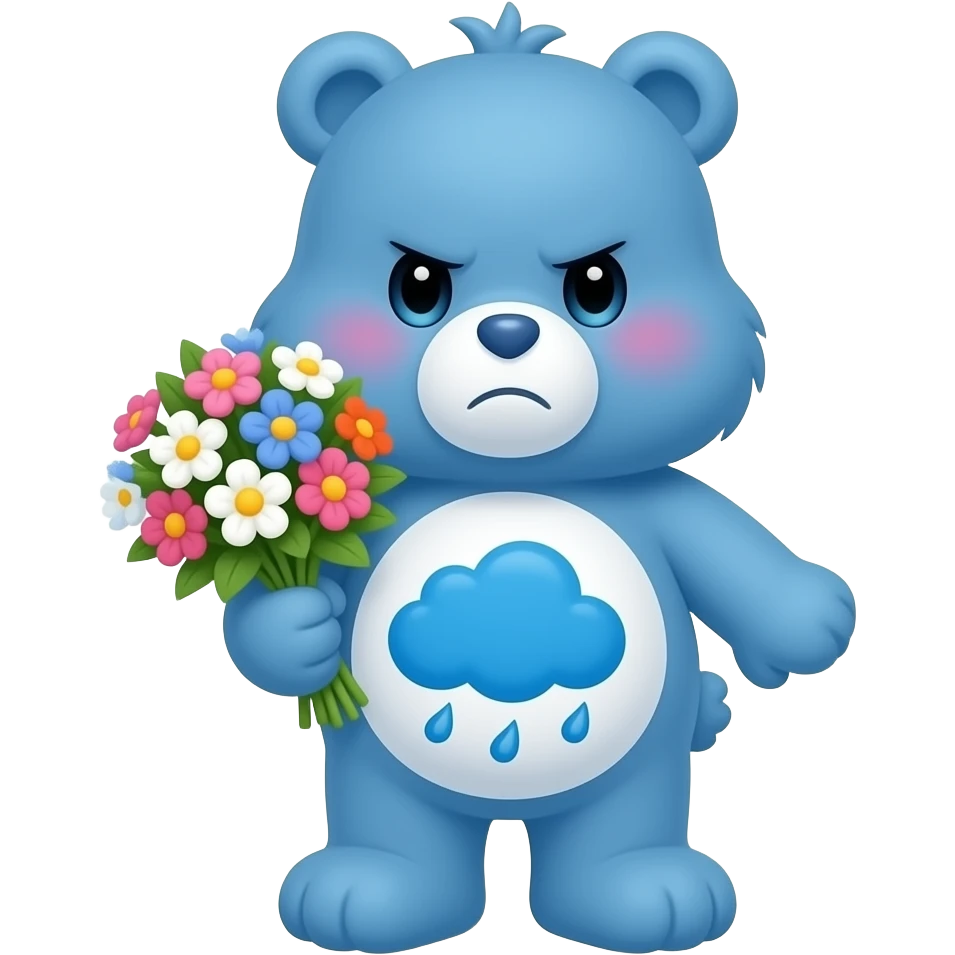2D render iPhone emoji PNG of grumpy bear from Care Bears. Blue fur with white belly and a blue rain cloud in his stomach; holding a bouquet of flowers, adverting his eyes while blushing emoji