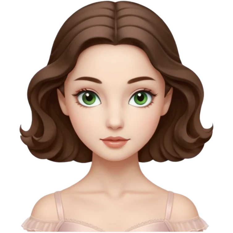 Cinema Realistic Ballerina Portrait, with porcelain-like skin featuring a natural rosy flush, illuminated by soft lighting that highlights the gentle contours of her face. Her Brunette hair flows in soft.Her deep green light eyes radiate framed by arched brows and long lashes. emoji