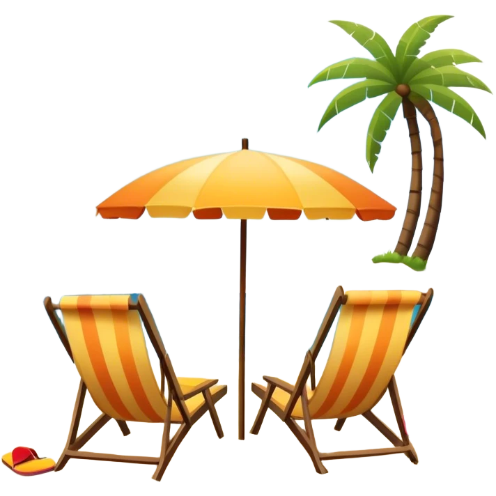 Icon for Beach Tourism: a sandy beach with a ocean skyline in the background, lounge chair, sun umbrella and flip-flops. The icon should capture the relaxation and fun of a beach vacation. Transparent background emoji