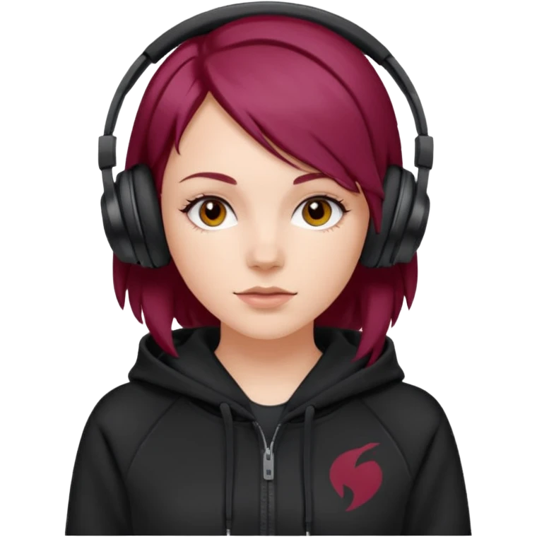 white girl with burgundy hair, black deportive hoodie and black headphones emoji