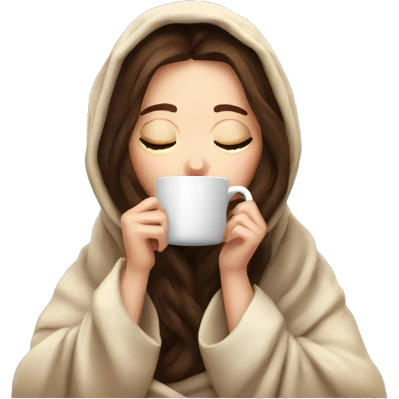 White girl brunette inside a blanket sipping coffee eyes closed emoji