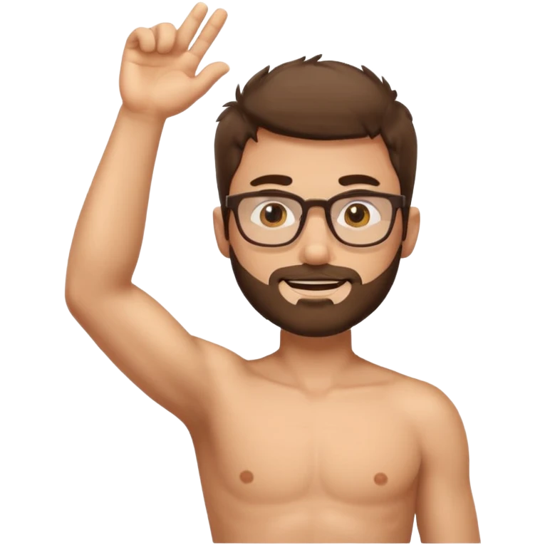 iOS emoji-style cartoon, light stubble, glasses, wide eyes, neutral skin tone, shirtless , hairy chest , one arm up hairy armpit emoji