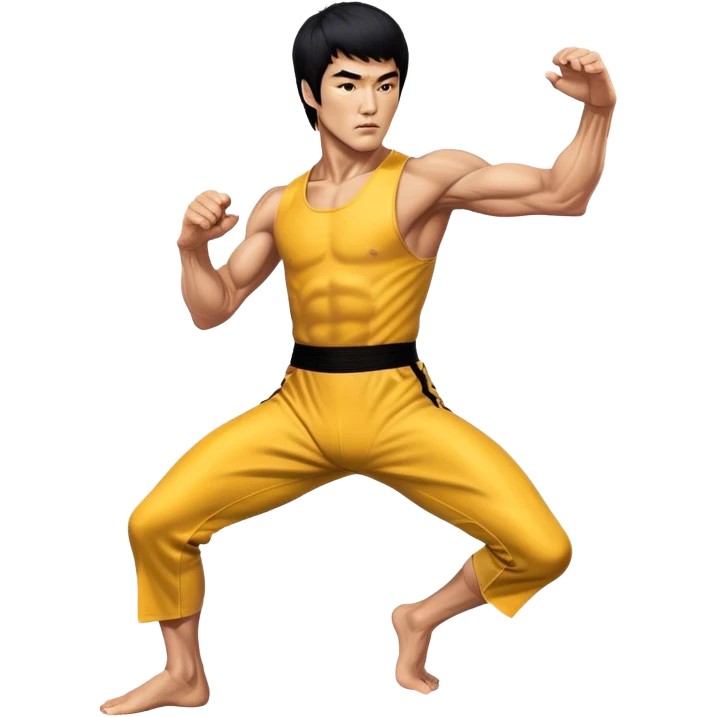 Cinematic Realistic portrait of Bruce Lee, shown as a legendary martial artist in a dynamic, powerful pose with modern athletic attire and finely detailed muscle definition, rendered in dramatic action lighting emoji