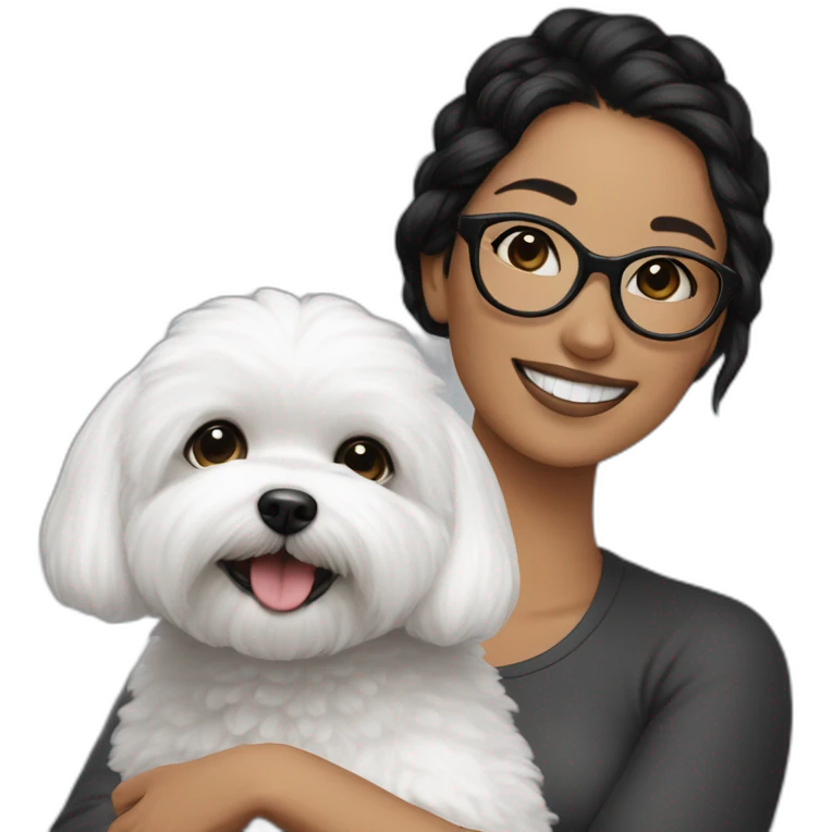 woman-black hair-bun-with glasses-with bichon dog-white-smile emoji