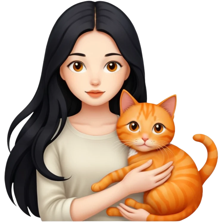 beautiful girl with flowing long black hair holding a cute orange ginger cat emoji