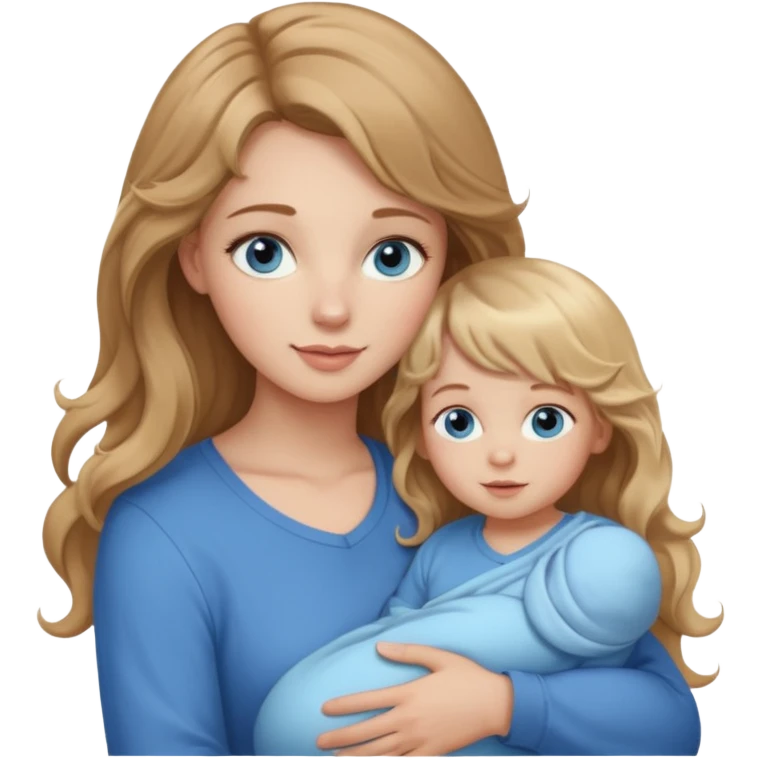 young woman with long straight light brown hair, side bangs, and blue eyes. She is holding a 1 year old baby girl with blond curly hair and blue eyes  emoji