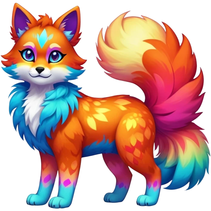 Vibrant multicolored neon-colored Falvie-Fionbri-creature-sparkle-feline-canine-hybrid-fursona, full body, fur pattern-markings emoji