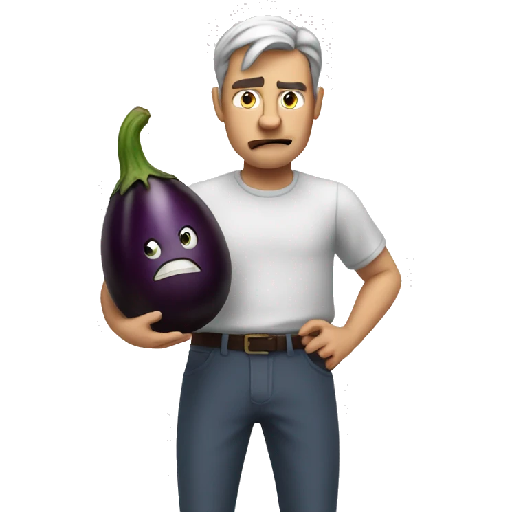 An angry man holds an eggplant in his hands emoji