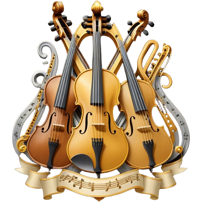 Create a sophisticated, festive, and professional emoji collage resembling a coat of arms, symbolizing string instruments. The design should feature several string instruments, such as a violin, cello, guitar, and harp, arranged in an elegant, balanced composition. Each instrument's neck (fingerboard) should intertwine with flowing musical notes, forming a ribbon-like structure that weaves through the instruments. The strings of the instruments should be emphasized, creating a dynamic and elegant effect. Use rich gold and silver accents to highlight the professional quality of the instruments, with deep wooden tones for the body of each instrument. Surround the instruments with a subtle border, resembling a heraldic crest, and add small decorative elements like laurel leaves or subtle flourishes. The background should be transparent to keep the design clean and polished. emoji