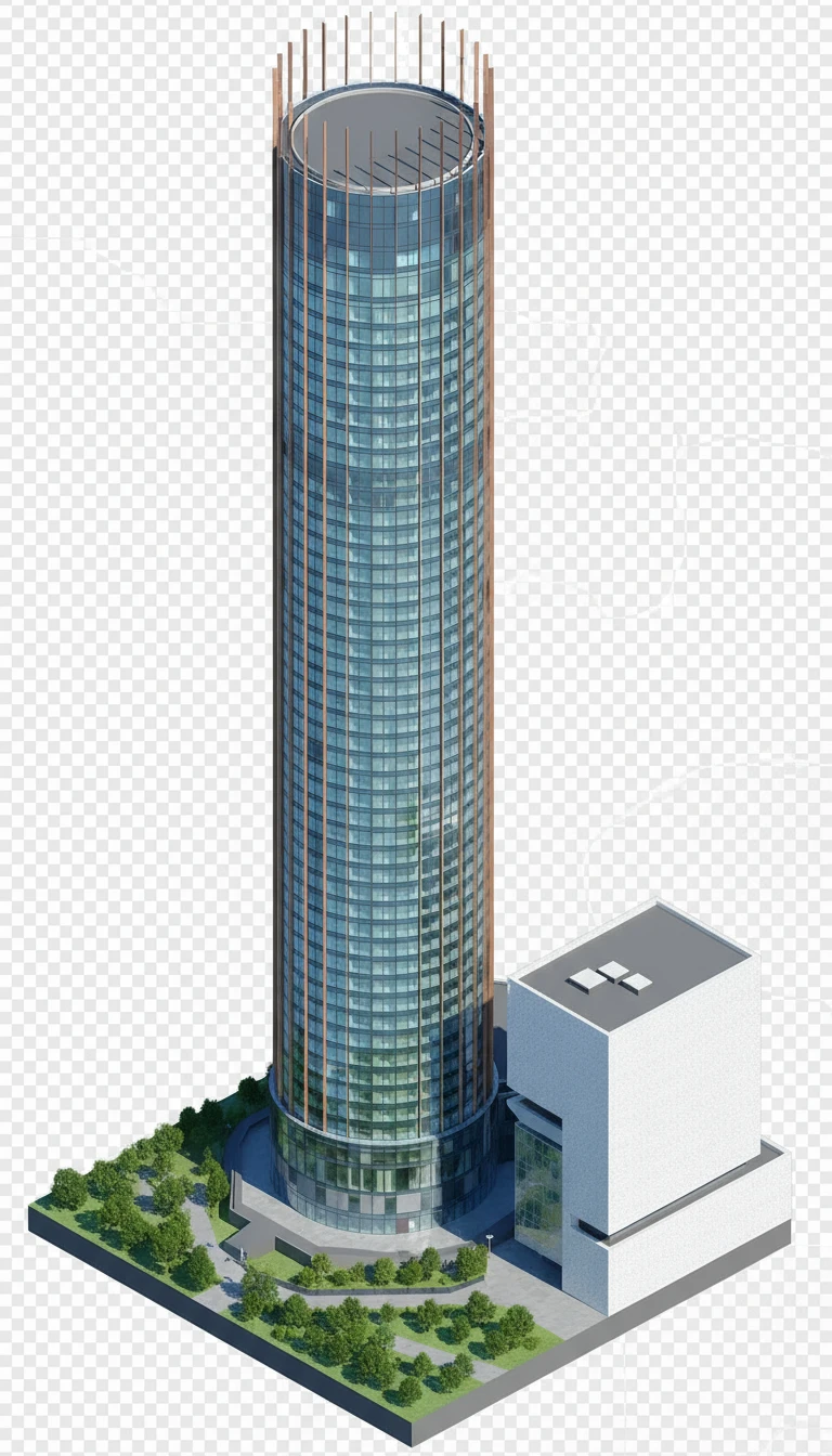 Изометричная, яркая, детализированная, объемная и фотореалистичная иллюстрация Башни «Исеть» в Екатеринбурге. Чёткие контуры, не размазанные линии, высокое качество, прозрачный фон, не обрезать края картинки emoji