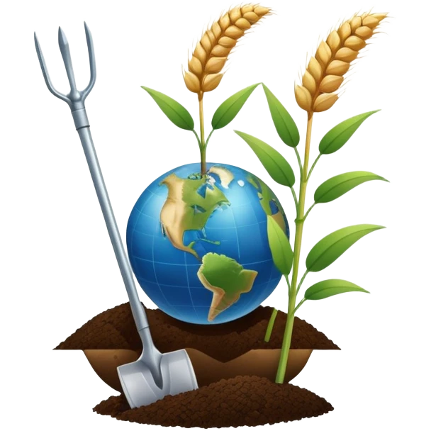 An icon featuring a wheat stalk, a spade, and a soil sample, symbolizing agronomy. The design includes a globe, a plant growing, and scientific tools, representing the study of crops, soil, and agricultural practices. Transparent background highlights sustainable farming and agricultural science. emoji