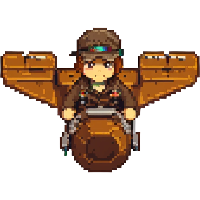 brown male wearing a hat sitting on an aircraft, pixel art style emoji