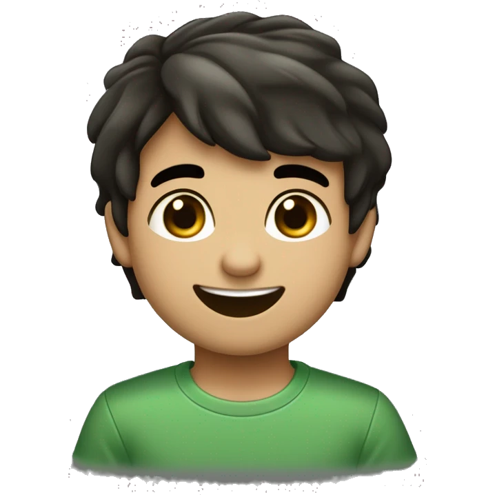 Cara de un niño blanco con nariz respingada, ojos grandes cafe oscuro, pestañas negras cejas pobladas. Pelo negro liso corto de un lado. Sonrisa amable camisa verde emoji