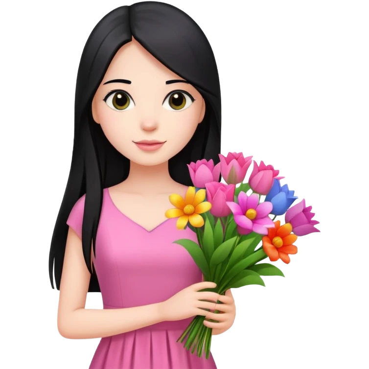 Beautiful girl with long straight black hair, fair skin, wearing pink dress, holding a bouquet of colorful flowers emoji