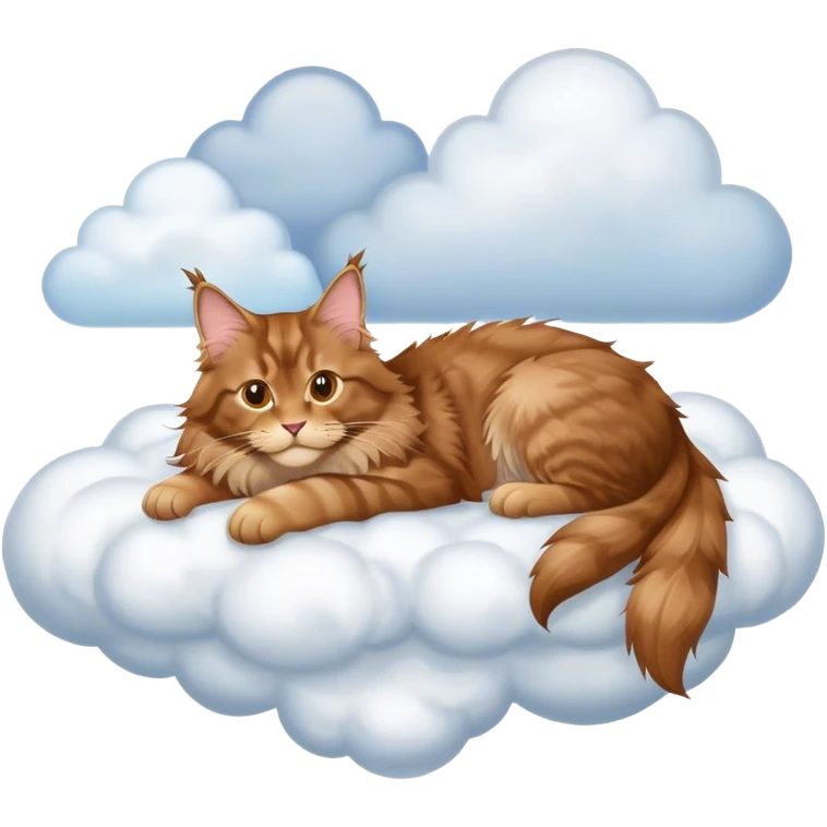 Solid light brown colored Maine coon cat laying on a cloud in the sky  emoji