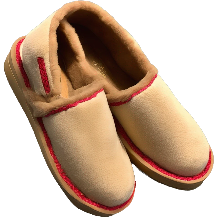 Camel colored thick platform slip-on UGG slippers. has a thin red woven zig-zag trim detail on the cuff emoji