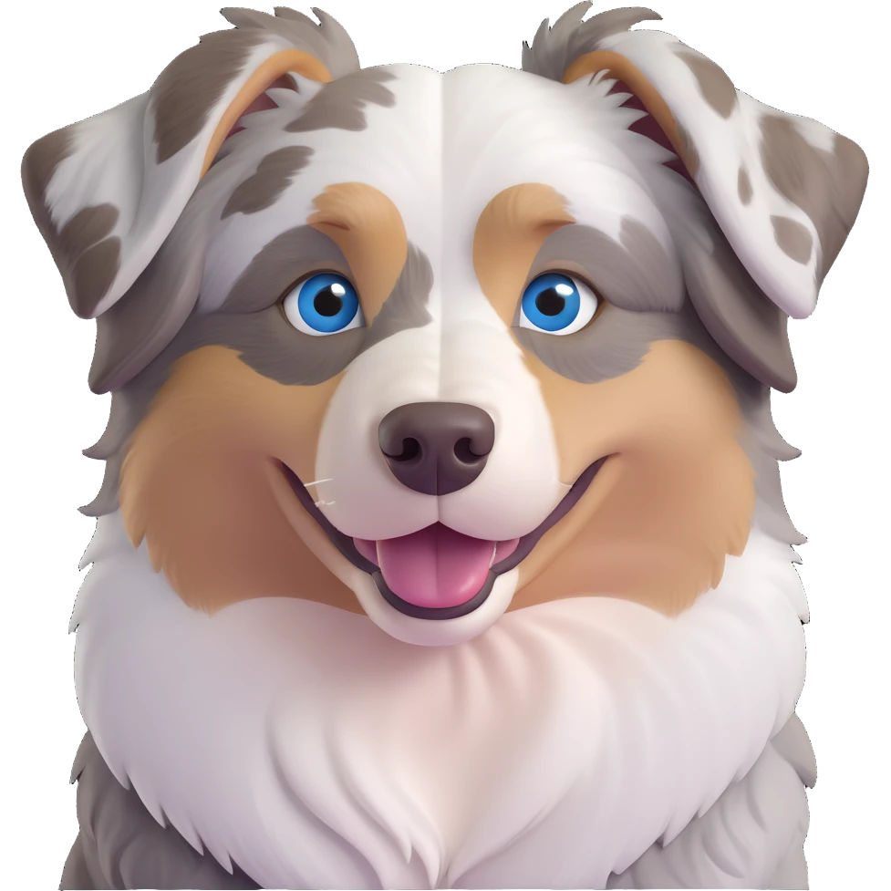 smiling Australian Shepherd dog, close-up face, one blue eye, one brown eye, fluffy merle fur, cute emoji