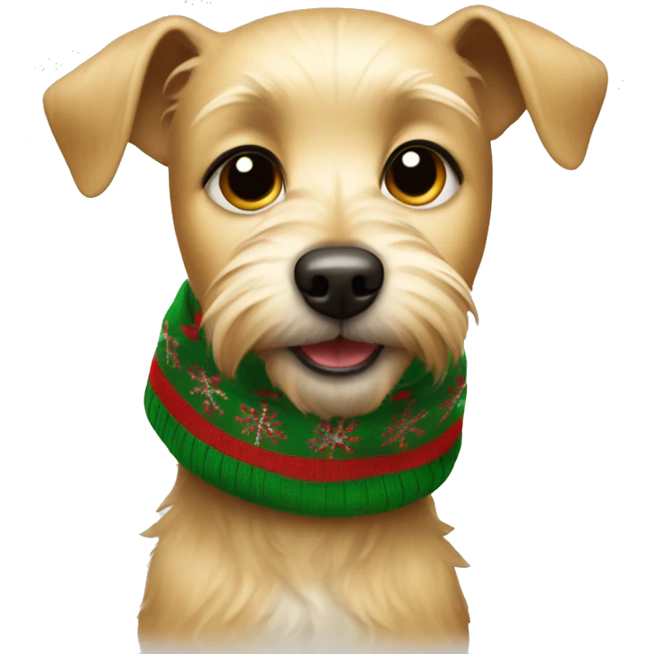 All blonde small terrier dog with floppy ears wearing Christmas scarf emoji