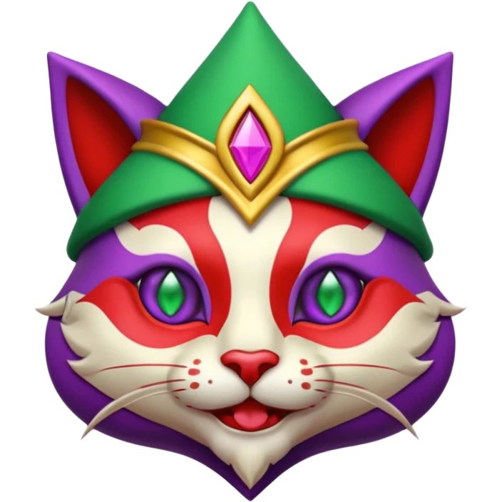 crazy colorful cute little cat jolly joker from poker, medieval, vintage, court jester, mac os icon, purple, gold and red color, half body, emerald green ice eyes. Squared shape as 3D mac os icon, symmetrical emoji