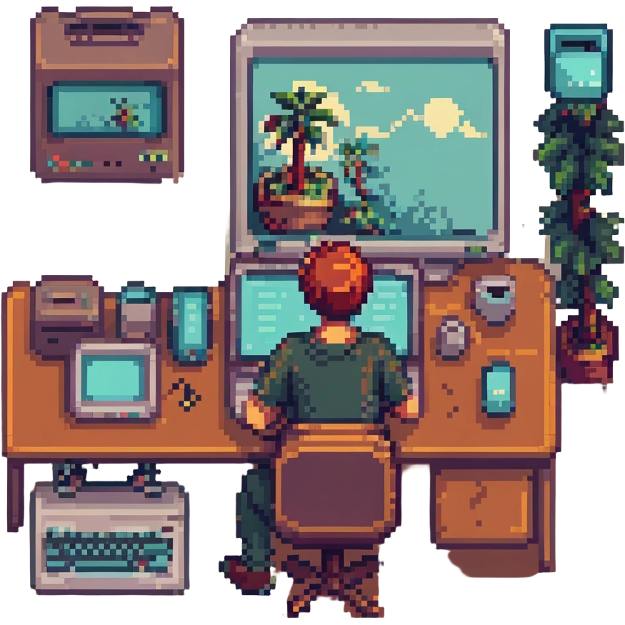 web developer coding on laptop, pixel art style, retro computer emoji