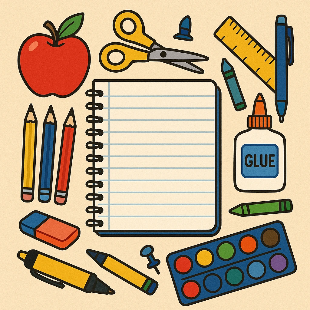 illustration of a notebook, various styles of school supplies emoji