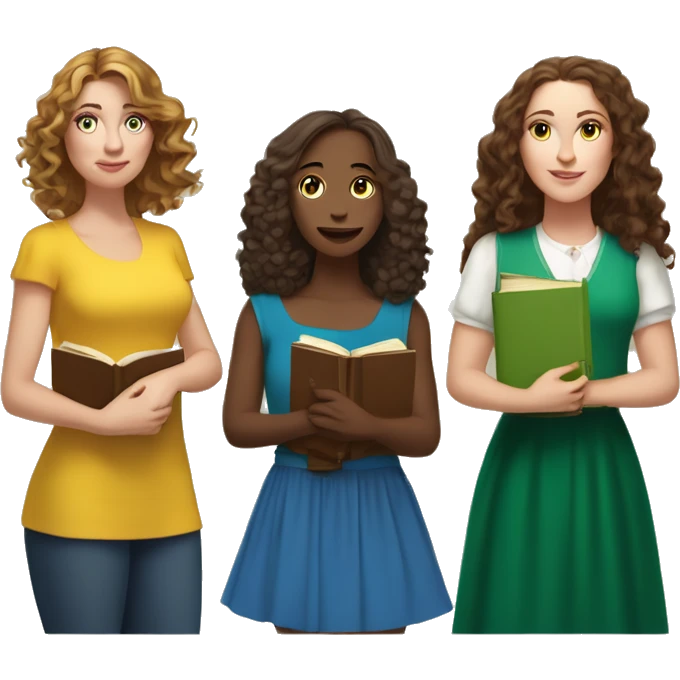 3 white women, one has long brown curly hair and a dress holding books, one medium height with brown long wavy hair and green skirt and yellow top, one medium height with medium length brown wavy hair with a blue dress holding a kindle emoji