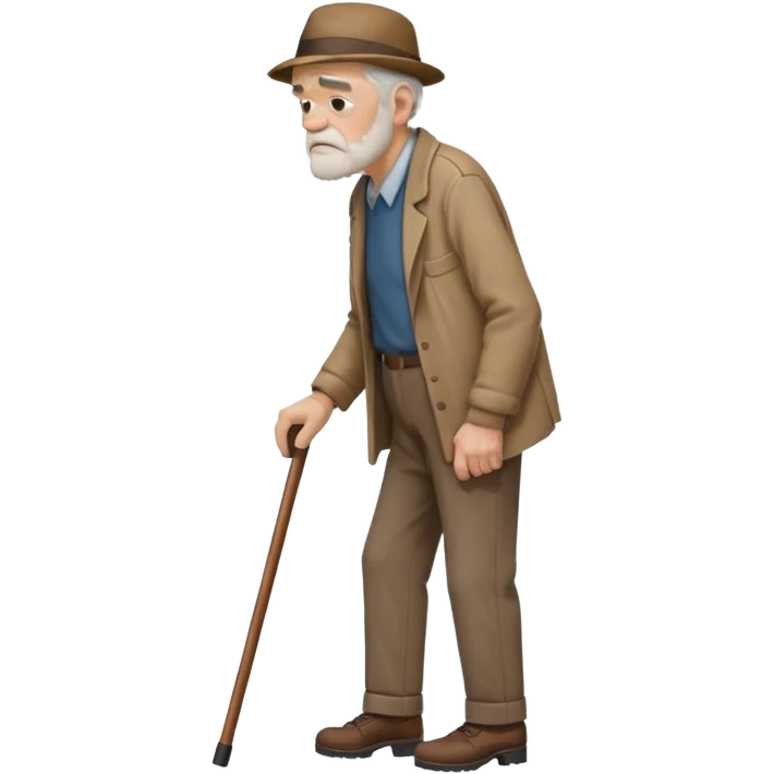 Old man leaning on a walking cane and holding his crancky back with his hand, grumpy face, detailed. Side view with the man going right emoji