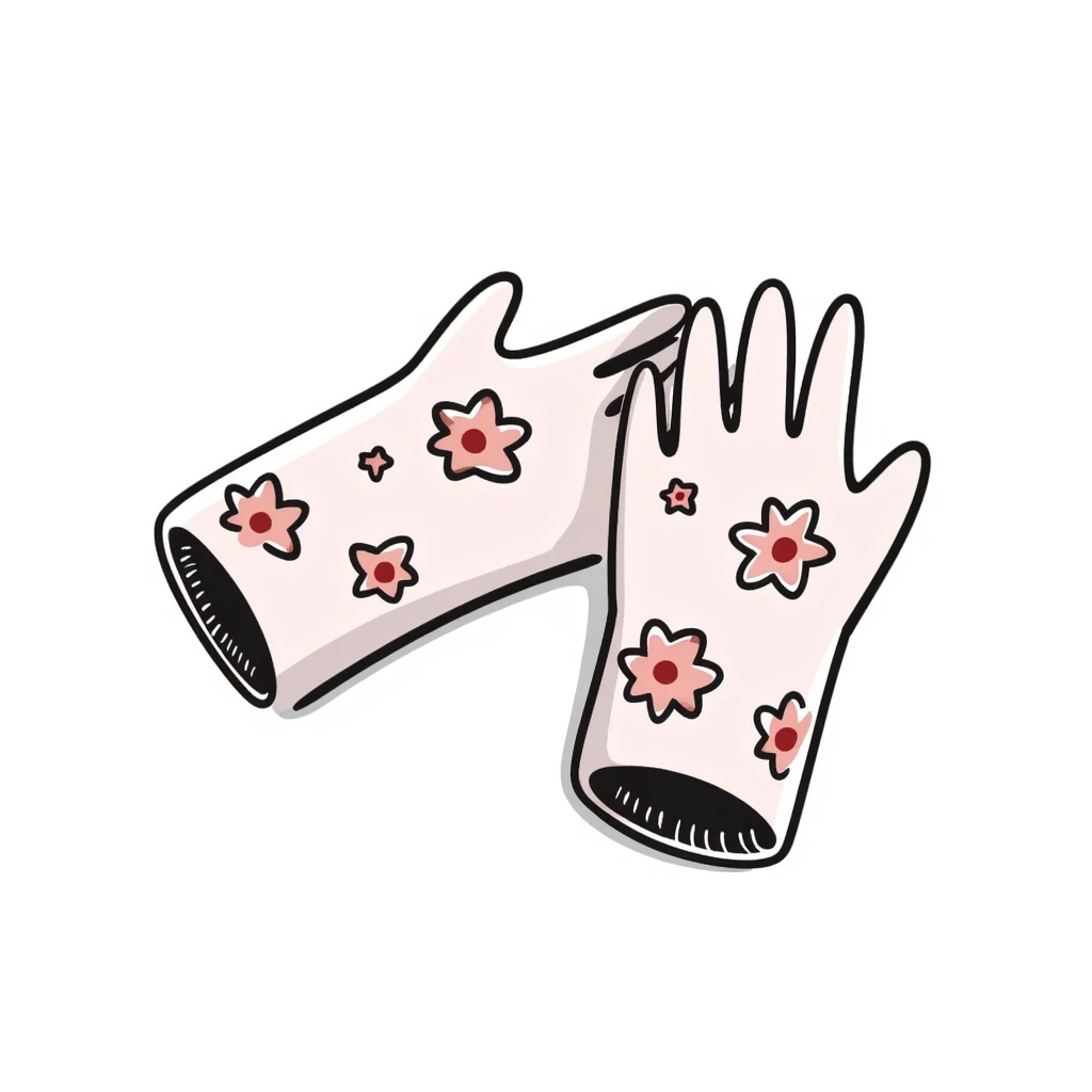 Garden gloves with floral pattern in pastel colors (dd9fb0, ffc6d3, a3bfc9, c4bee2, f1b091), hand-drawn doodle style emoji