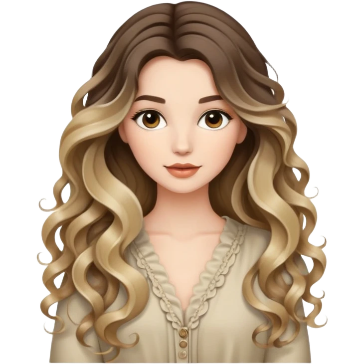 beautiful brunette with blondish balayage white female with flowing soft curls, very long hair  and stylish outfit  emoji