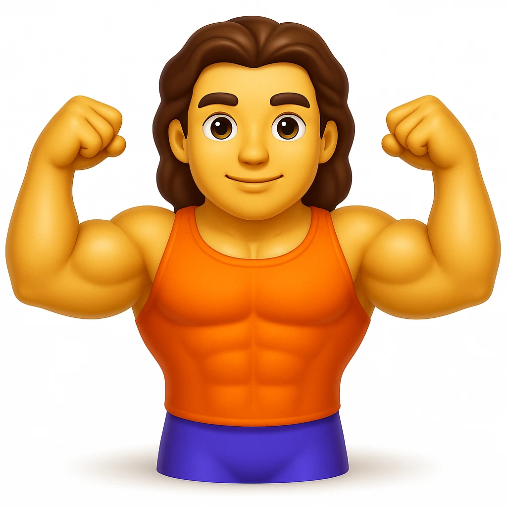 Create an emoji that looks exactly like the reference image in iOS emoji style. The emoji should have 3D appearance, shiny surface, smooth gradients, soft shadows, a muscular body, an expressive face, and hair. Add a soft shadow under the figure while maintaining the iOS emoji style. emoji